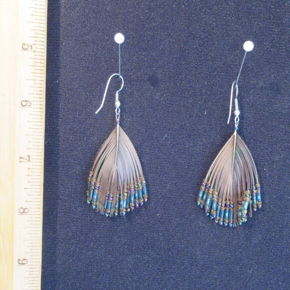 Vintage, Peacock Feather, Beaded, Earrings, Circa 1980's, Handmade - Picture 3 of 4